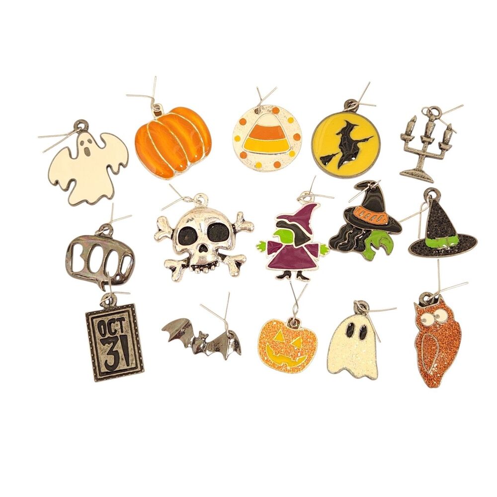 Halloween Charms 15Pc Set Enamel Spooky Pumpkin Witch Skull Ghost Jewelry Making